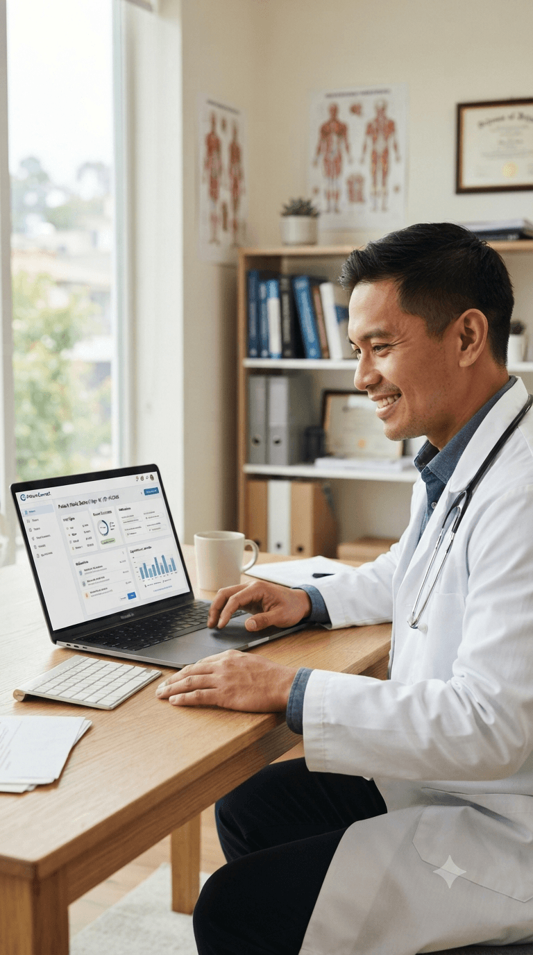 A doctor reviewing a patient's records in CAYDA HealthFlow