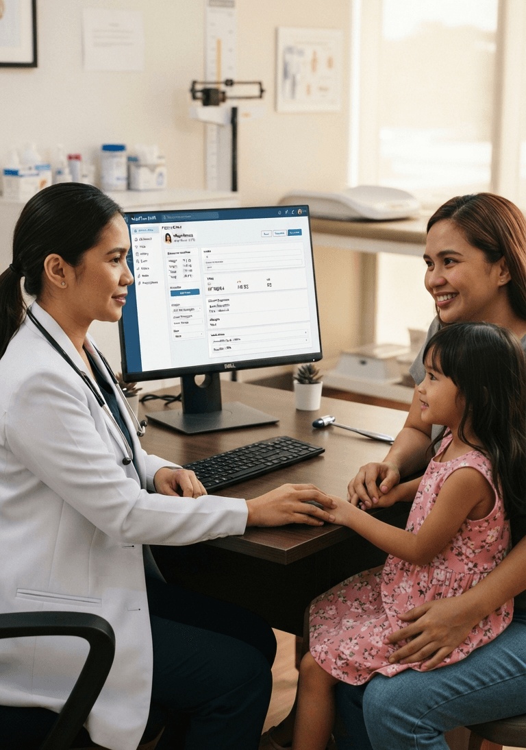 A doctor consulting with a mother and her young daughter